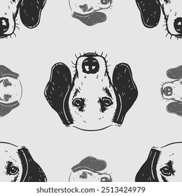 Seamless vector pattern with cute draw fluffy dogs. Simple doodle style. Grid