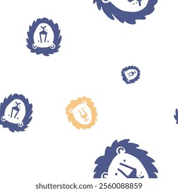 Seamless vector pattern with cute draw fluffy lion, paws. Simple doodle style.	