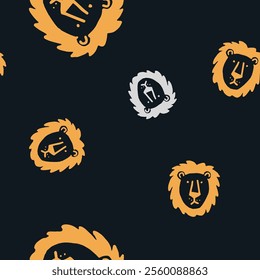 Seamless vector pattern with cute draw fluffy lion, paws. Simple doodle style.	