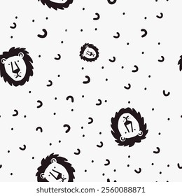 Seamless vector pattern with cute draw fluffy lion, paws. Simple doodle style.	