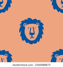 Seamless vector pattern with cute draw fluffy lion, paws. Simple doodle style.	