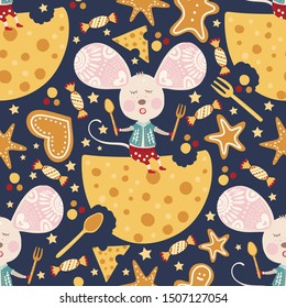 Seamless vector pattern with cute dreaming cartoon mouse with cheese in scandinavian style. Flat rat ornate illustration for New Year 2020.