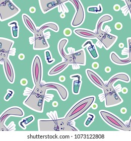 Seamless vector pattern of cute drinking rabbits. Perfect for kid's card, banners, stickers and other.