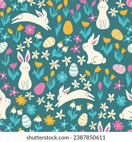 Seamless vector pattern with cute Easter bunnies and decorated Easter eggs and folk flowers.