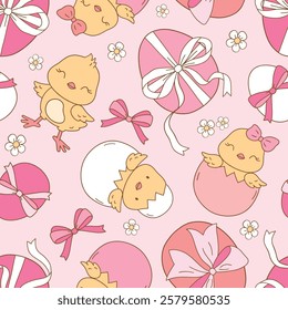 Seamless vector pattern with cute Easter chickens and eggs. Hand drawn Easter illustration. Perfect for textile, wallpaper or nursery print design. EPS10 vector file.