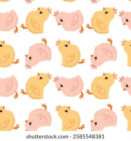 Seamless vector pattern with cute Easter chicks, birds and decorated eggs. Perfect for holiday decorations, wrapping paper, textiles and greeting cards.