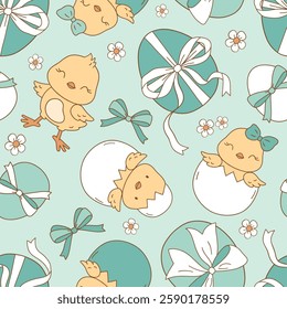 Seamless vector pattern with cute Easter chickens and eggs. Hand drawn Easter illustration. Perfect for textile, wallpaper or nursery print design. EPS10 vector file.