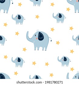 Seamless Vector Pattern With Cute Elephant On The White Background. Vector Illustration For Wallpaper, Invitation, Postcard, Greeting Card, Clothes, Textile.