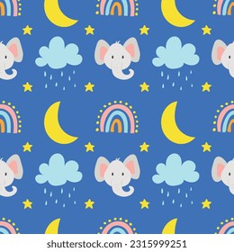 seamless vector pattern with cute elephants, stars, clouds, rainbow and moon on blue background.