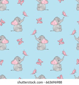 Seamless vector pattern with cute elephants and butterflies. Baby print.