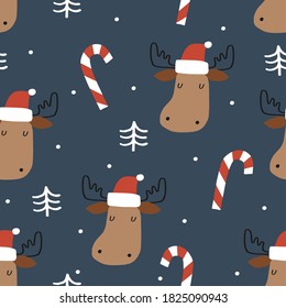 Seamless vector pattern with cute elk heads. Can be used for wallpaper, pattern fills, web page background, surface textures, gifts. Creative Hand Drawn textures for winter holidays in red and blue.