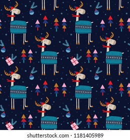 Seamless vector pattern with cute elks. Can be used for wallpaper, pattern fills, web page background, surface textures, gifts. Creative Hand Drawn textures for winter holidays.
