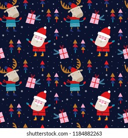 Seamless vector pattern with cute elks and Santa. Can be used for wallpaper, pattern fills, web page background, surface textures, gifts. Creative Hand Drawn textures for winter holidays.