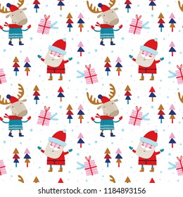 Seamless vector pattern with cute elks and Santa. Can be used for wallpaper, pattern fills, web page background, surface textures, gifts. Creative Hand Drawn textures for winter holidays.