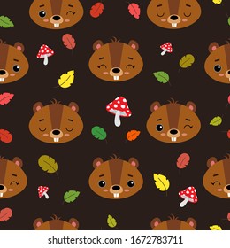 Seamless vector pattern with cute emotional beavers. Wild animals on the background of autumn leaves and mushrooms. Autumn decor elements. For printing on fabric, wallpaper, postcards and baby product