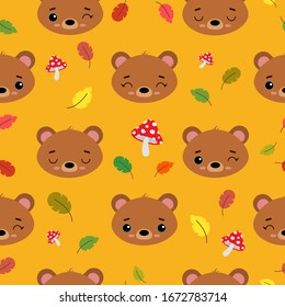 Seamless vector pattern with cute emotional bears. Wild animals on the background of autumn leaves and mushrooms. Autumn decor elements. For printing on fabric, wallpaper, postcards and baby products.