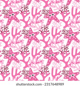 Seamless vector pattern with cute eyed starfish and pink coral. Children's marine illustration. Summer hand-drawn background for packaging, wrapping paper, banner, print, postcard, gift, fabric