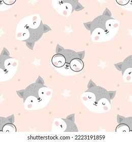 Seamless Vector Pattern Cute face of a Fox with different emotions. Childish Cartoon Animals Background. design for fabric, wrapping, textile, wallpaper, apparel and more