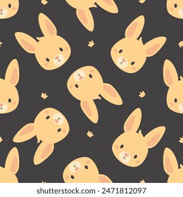 Seamless vector pattern. Cute faces of rabbits on dark background 