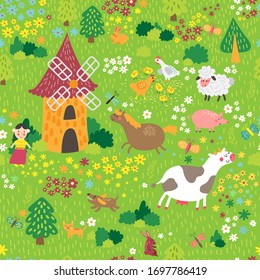 Seamless vector pattern with cute farm animals. 