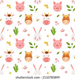 Seamless vector pattern with cute farm animals - bunny, cow, pig and horse. Funny spring wallpaper for textile or printing on any surface