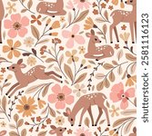 Seamless vector pattern with cute fawn on floral background. Hand drawn woodland illustration. Perfect for textile, wallpaper or print design. EPS10 vector file.