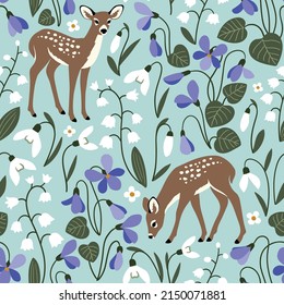 Seamless vector pattern with cute fawn on spring floral background. Perfect for textile, wallpaper or print design.