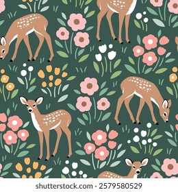 Seamless vector pattern with cute fawn on floral background. Hand drawn woodland illustration. Perfect for textile, wallpaper or print design. EPS10 vector file.