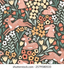 Seamless vector pattern with cute fawn and rabbit on floral background. Hand drawn woodland illustration. Perfect for textile, wallpaper or print design. EPS10 vector file.