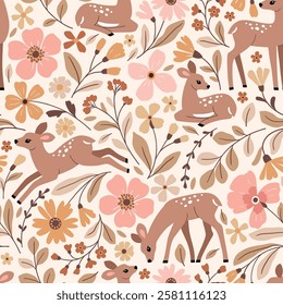 Seamless vector pattern with cute fawn on floral background. Hand drawn woodland illustration. Perfect for textile, wallpaper or print design. EPS10 vector file.
