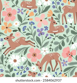 Seamless vector pattern with cute fawn on floral background. Hand drawn woodland illustration. Perfect for textile, wallpaper or print design. EPS10 vector file.