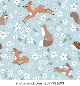 Seamless vector pattern with cute fawn, rabbit, fox and hedgehog on floral background. Hand drawn woodland illustration. Perfect for textile, wallpaper or print design. EPS10 vector file.