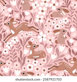 Seamless vector pattern with cute fawn and rabbit on floral background. Hand drawn woodland illustration. Perfect for textile, wallpaper or print design. EPS10 vector file.