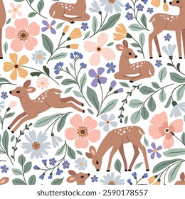 Seamless vector pattern with cute fawn on floral background. Hand drawn woodland illustration. Perfect for textile, wallpaper or print design. EPS10 vector file.