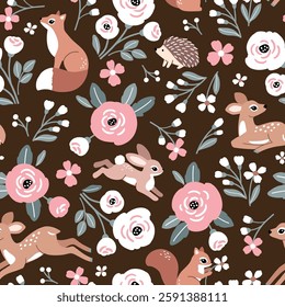 Seamless vector pattern with cute fawn, rabbit, fox and hedgehog on floral background. Hand drawn woodland illustration. Perfect for textile, wallpaper or print design. EPS10 vector file.