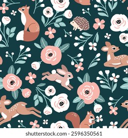 Seamless vector pattern with cute fawn, rabbit, fox and hedgehog on floral background. Hand drawn woodland illustration. Perfect for textile, wallpaper or print design. EPS10 vector file.