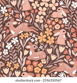 Seamless vector pattern with cute fawn and rabbit on floral background. Hand drawn woodland illustration. Perfect for textile, wallpaper or print design. EPS10 vector file.