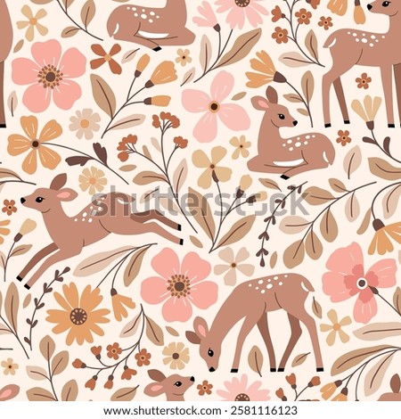 Seamless vector pattern with cute fawn on floral background. Hand drawn woodland illustration. Perfect for textile, wallpaper or print design. EPS10 vector file.