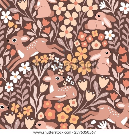 Seamless vector pattern with cute fawn and rabbit on floral background. Hand drawn woodland illustration. Perfect for textile, wallpaper or print design. EPS10 vector file.