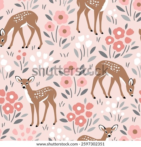 Seamless vector pattern with cute fawn on floral background. Hand drawn woodland illustration. Perfect for textile, wallpaper or print design. EPS10 vector file.