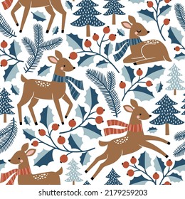 Seamless vector pattern with cute fawns, pine trees and berry on white background. Perfect for textile, wallpaper or print design.