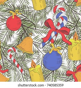 Seamless vector pattern with cute fir trees, bows, christmas toys. Colorful seasonal winter background Graphic illustration.