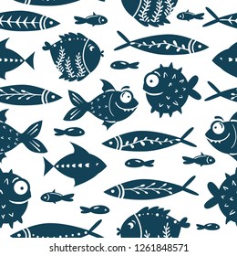 Seamless vector pattern with cute fishes. Funny fish with big eyes. For pattern fills, wallpaper, print for clothes, For pattern fills, wallpaper, print for clothes, wrapping paper
