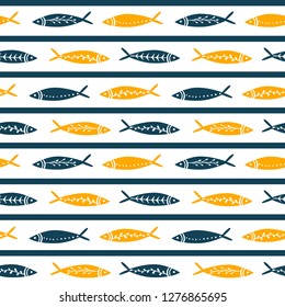 Seamless vector pattern with cute fishes. Striped pattern. For pattern fills, wallpaper, print for clothes, wrapping paper summer style