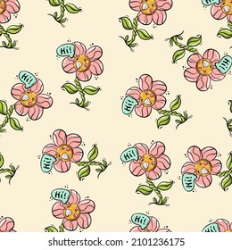 Seamless vector  pattern with cute flower character. Cute vector illustration for kids. Perfect print for fabric, textile, wallpaper, poster, postcard and gift wrapping. Pastel colors