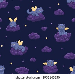 Seamless vector pattern of cute fluffy winged kittens on the background of the night sky with stars and clouds, child's drawing for wallpaper and fabric