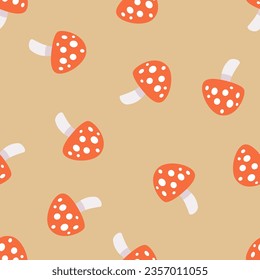 Seamless vector pattern. Cute fly mushrooms on beige background 