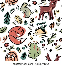 Seamless vector pattern with cute forest animals. Fox, dancing owl, little heanghoge and rabbit on the flowers and trees background. 