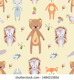 Seamless vector pattern cute forest animals in skandinavian style on yellow background, cute textile for kids   