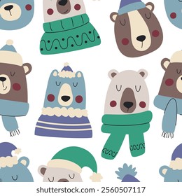 Seamless vector pattern with cute forest bears in winter clothes. Perfect for textile, fabric or wallpaper design.